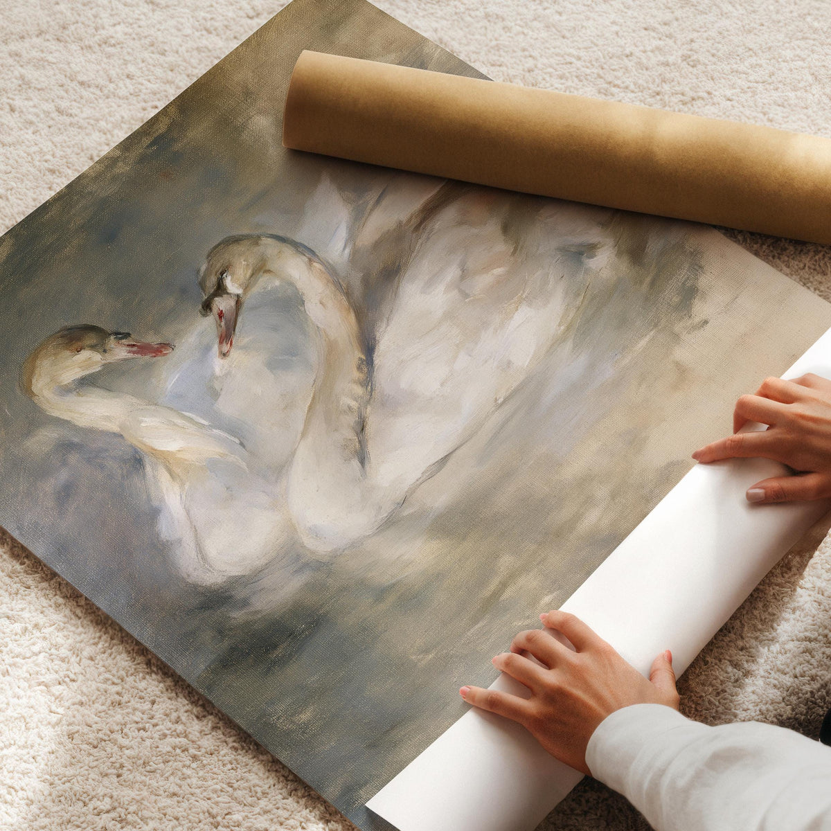 Swan lake digital print for living room — intimate bird artwork featuring hazy atmospheric background and blended palette