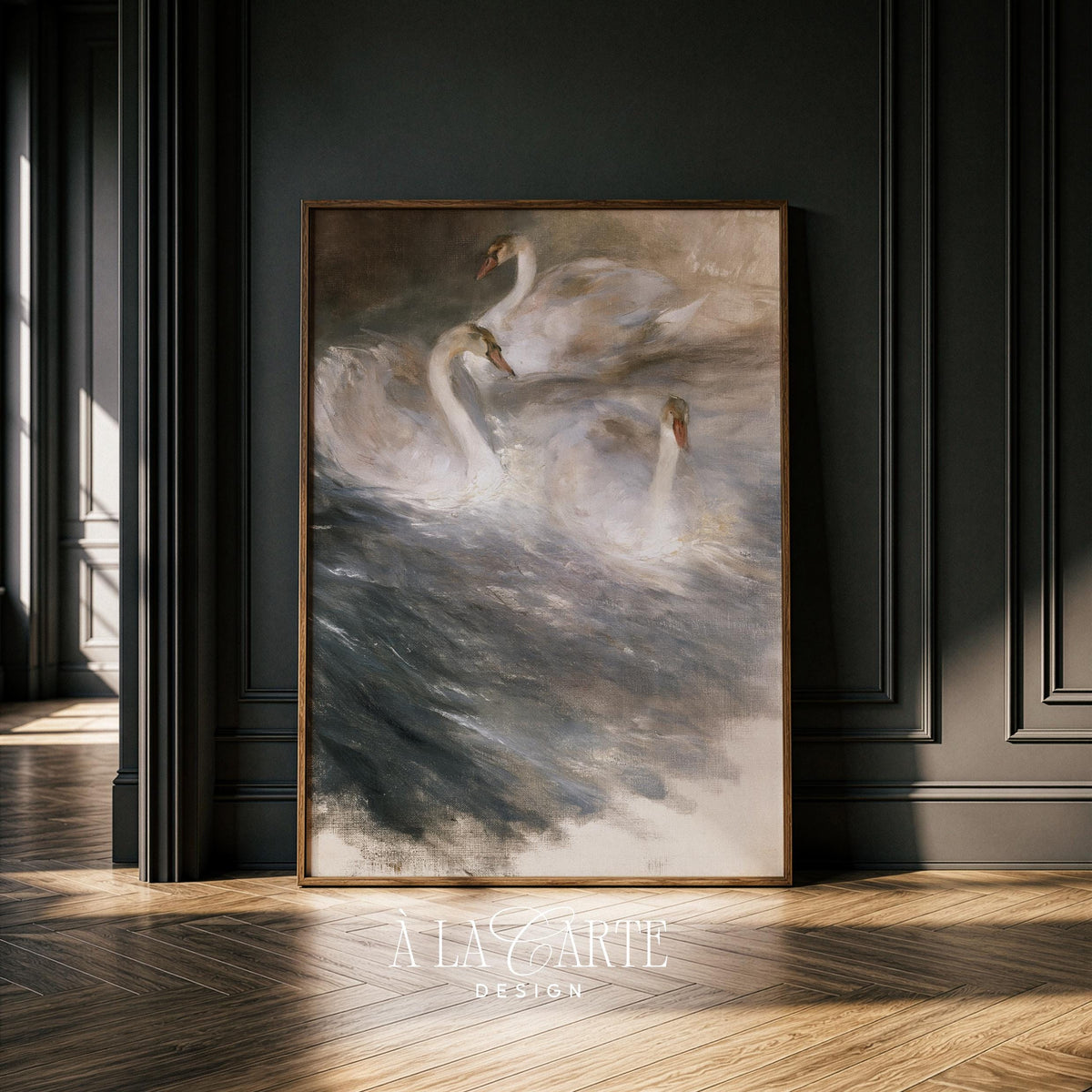 Expressive bird artwork digital download — atmospheric painting with elegant swans and dramatic water reflections