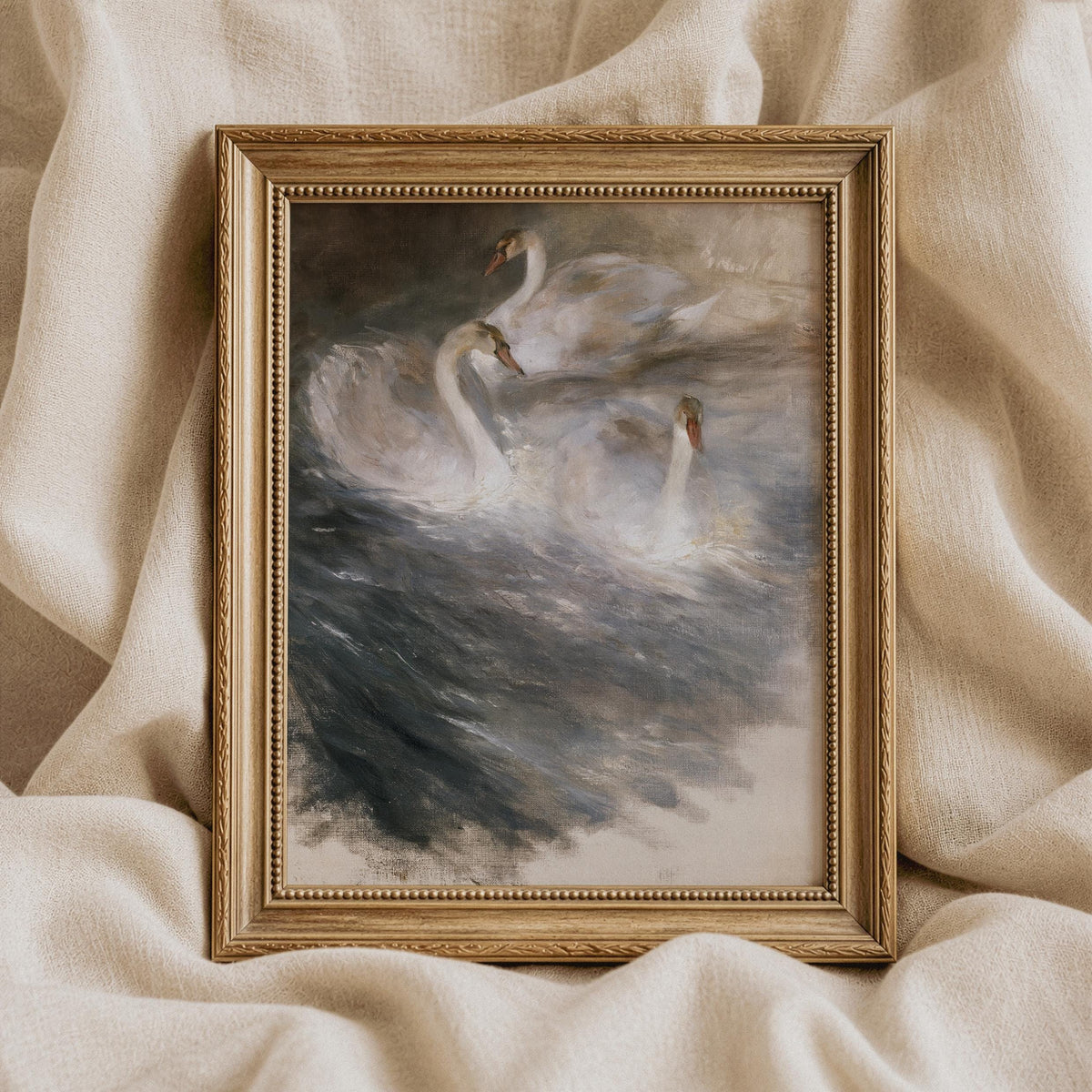 Large printable animal artwork featuring three swans — dark romantic painting with muted tones and atmospheric depth