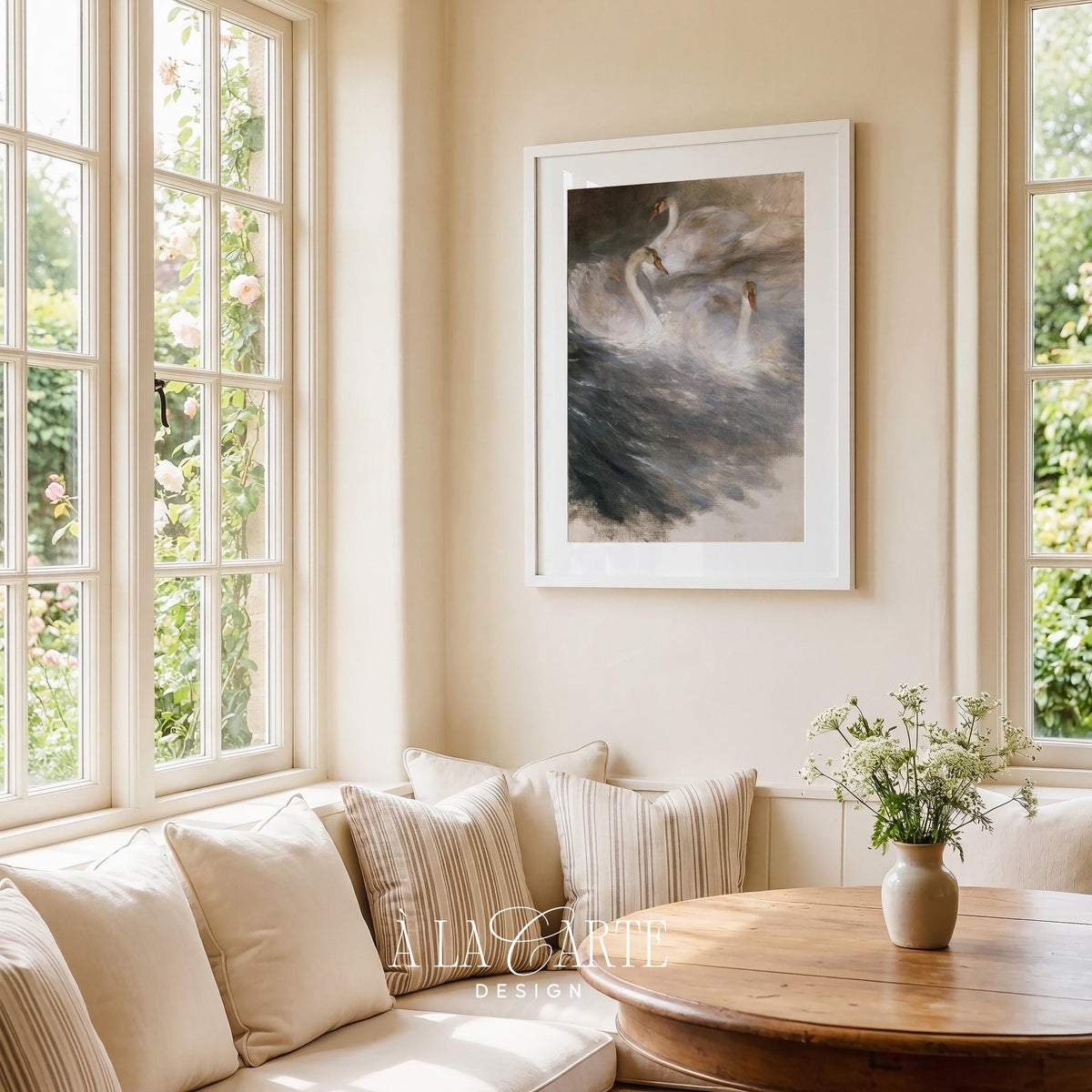 Three birds on misty pond artwork printable — cottagecore wall decor featuring soft gold accents and vintage aesthetic