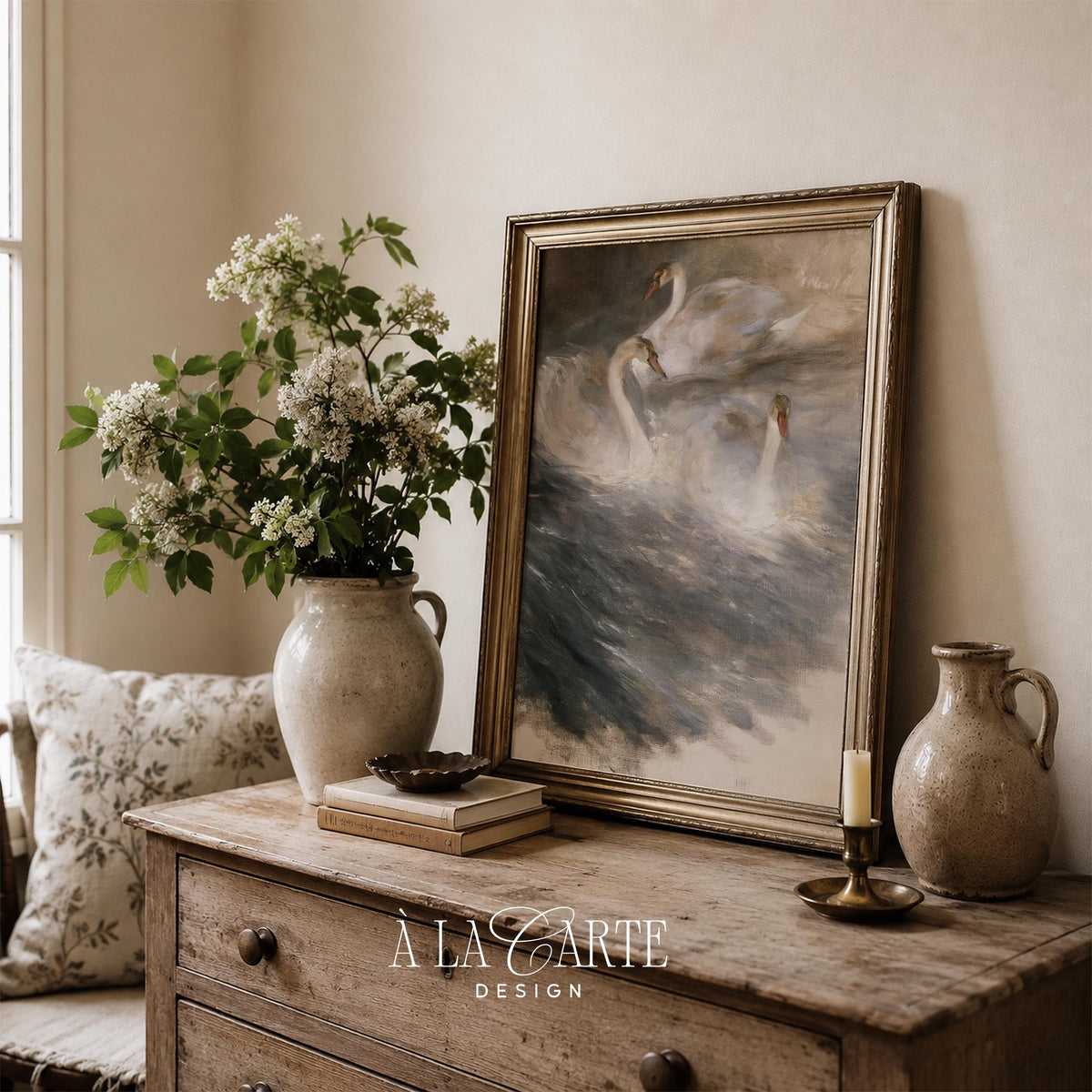 Dramatic aquatic birds poster wall art for living room — moody nature print with swirling textures and soft reflections