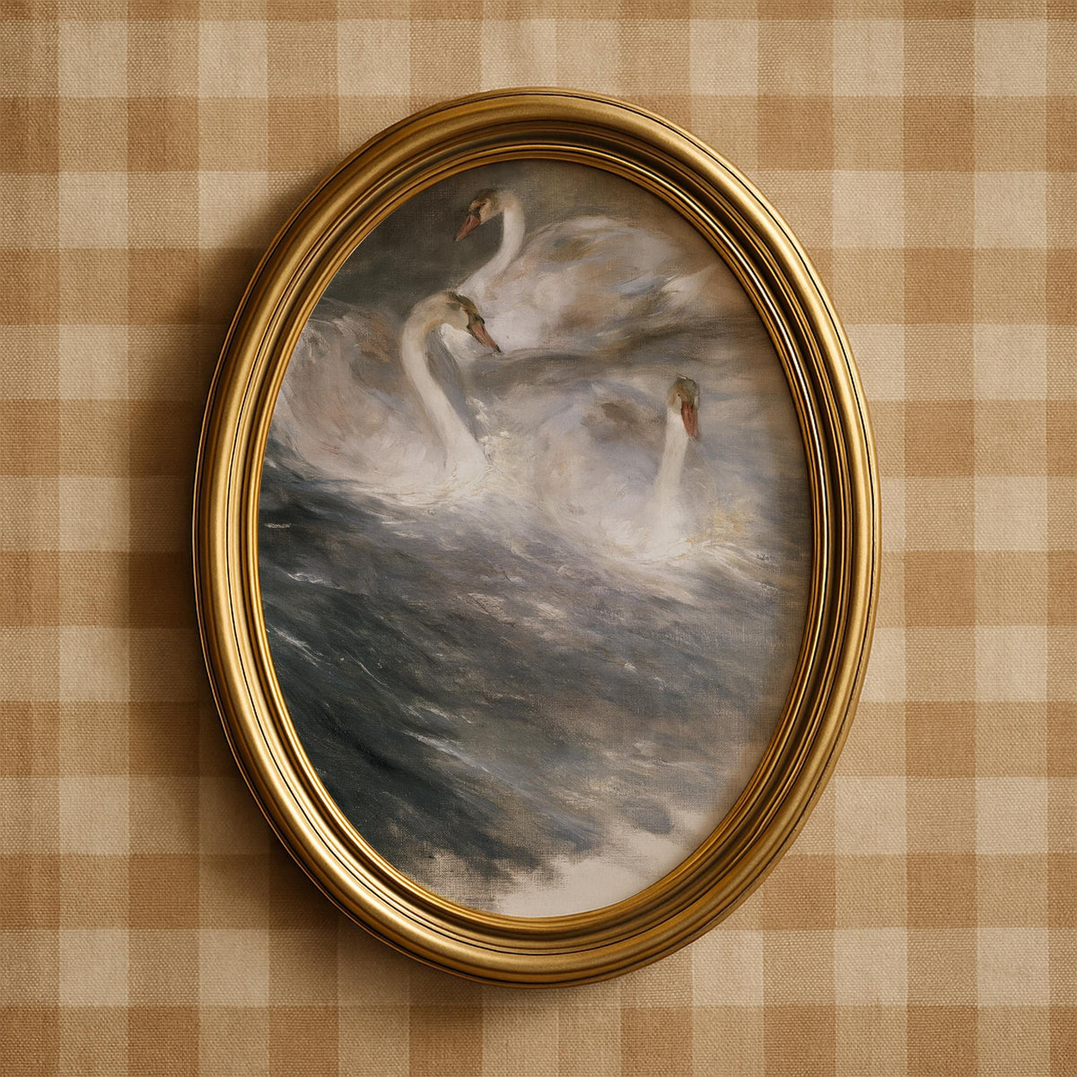 Dark swirling water digital print with graceful birds — gothic-inspired animal poster for dramatic interior styling