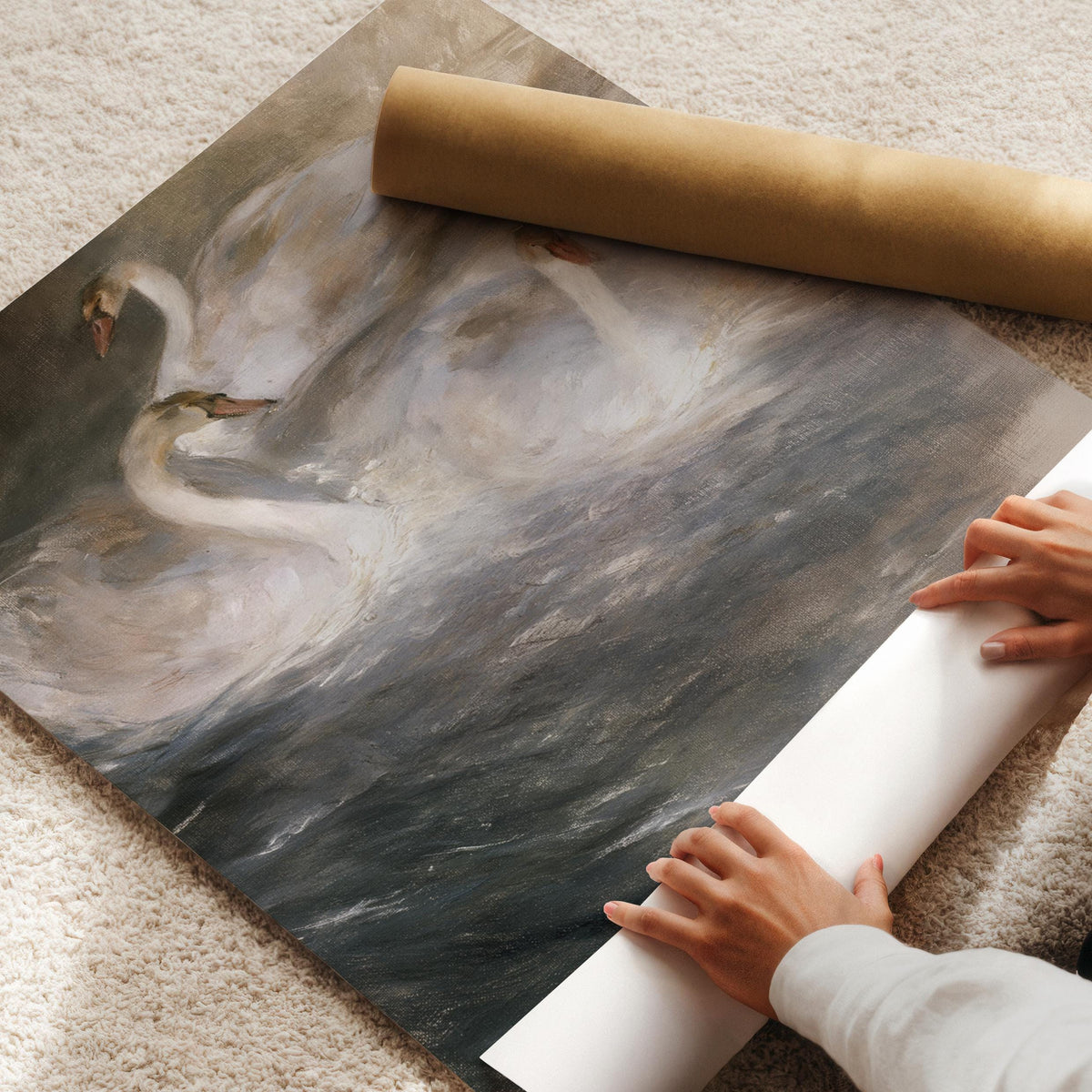 Vintage swan print wall art for above bed — moody nature painting with hazy reflections and textured brushstrokes