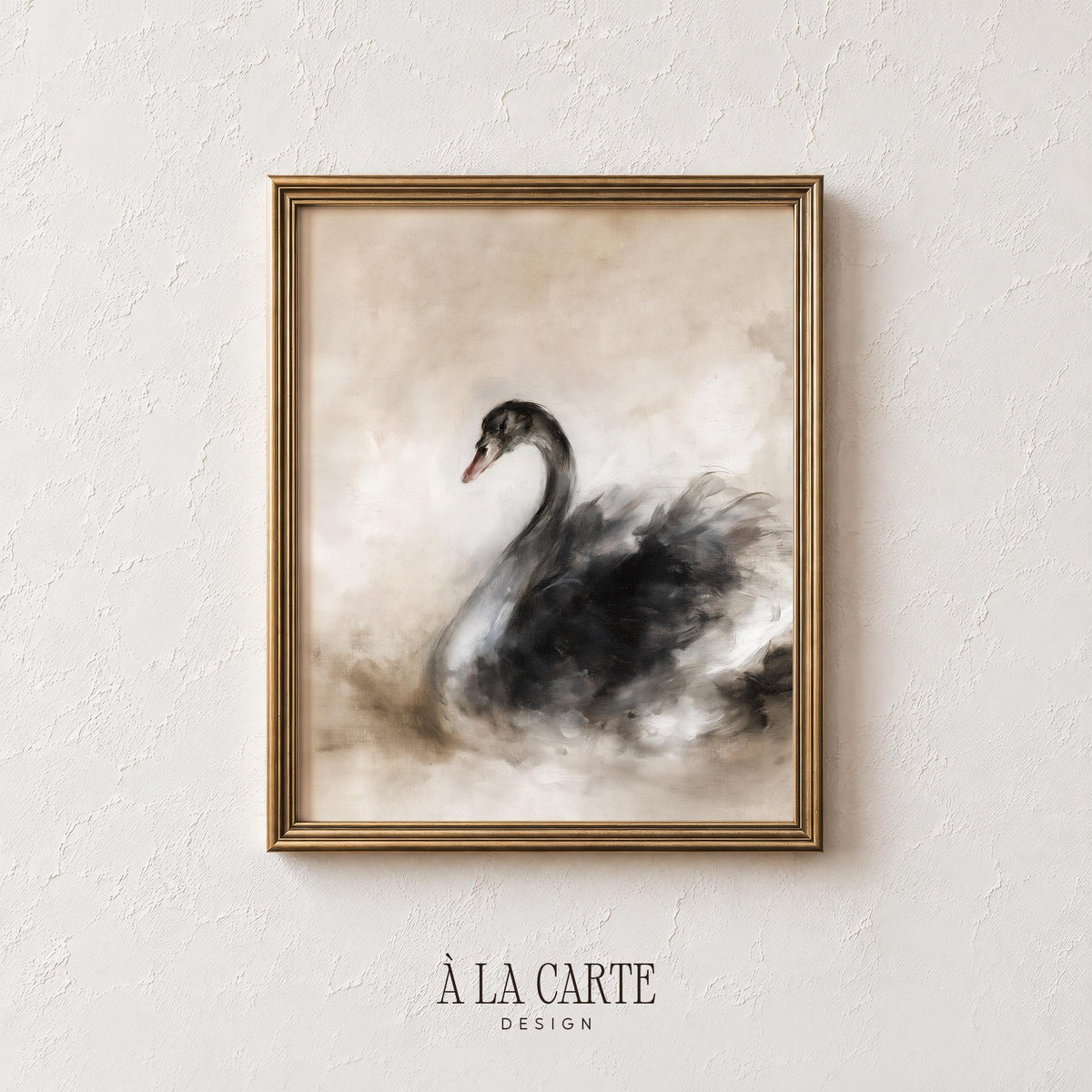 Elegant waterfowl wall art for living room — dark plumage against hazy neutral tones, sophisticated aesthetic
