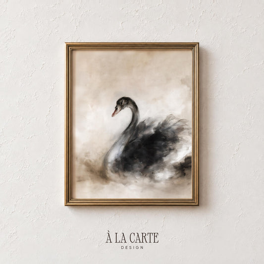 Elegant waterfowl wall art for living room — dark plumage against hazy neutral tones, sophisticated aesthetic