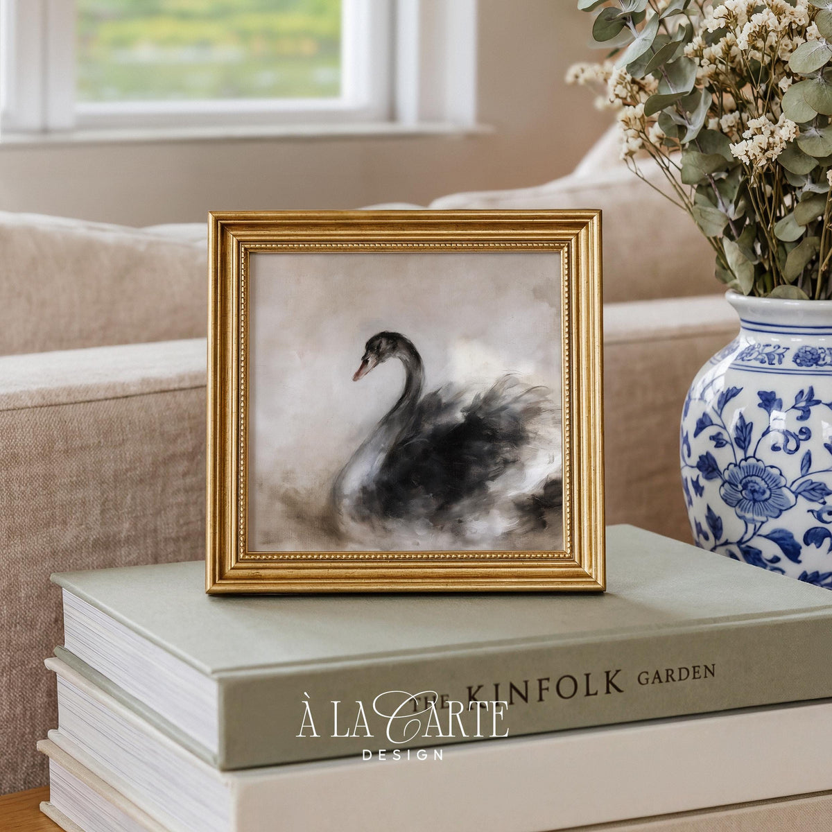 Sophisticated swan wall art for farmhouse living — black plumage contrasting against foggy backdrop