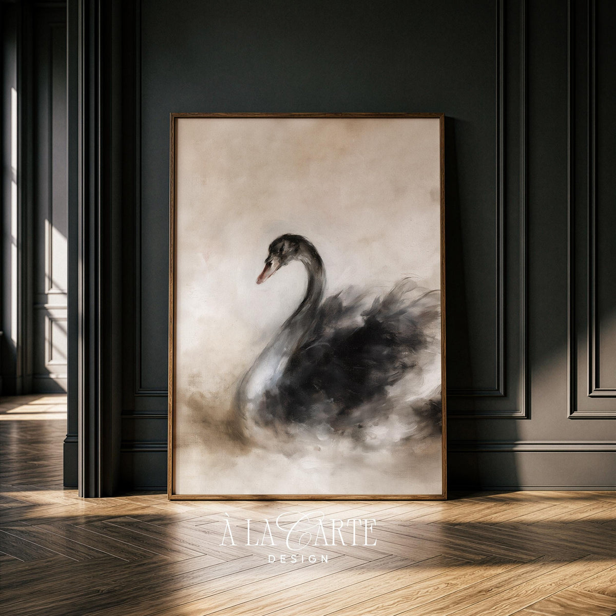 Atmospheric waterfowl artwork for bedroom wall decor — charcoal rendering with hazy cream surround