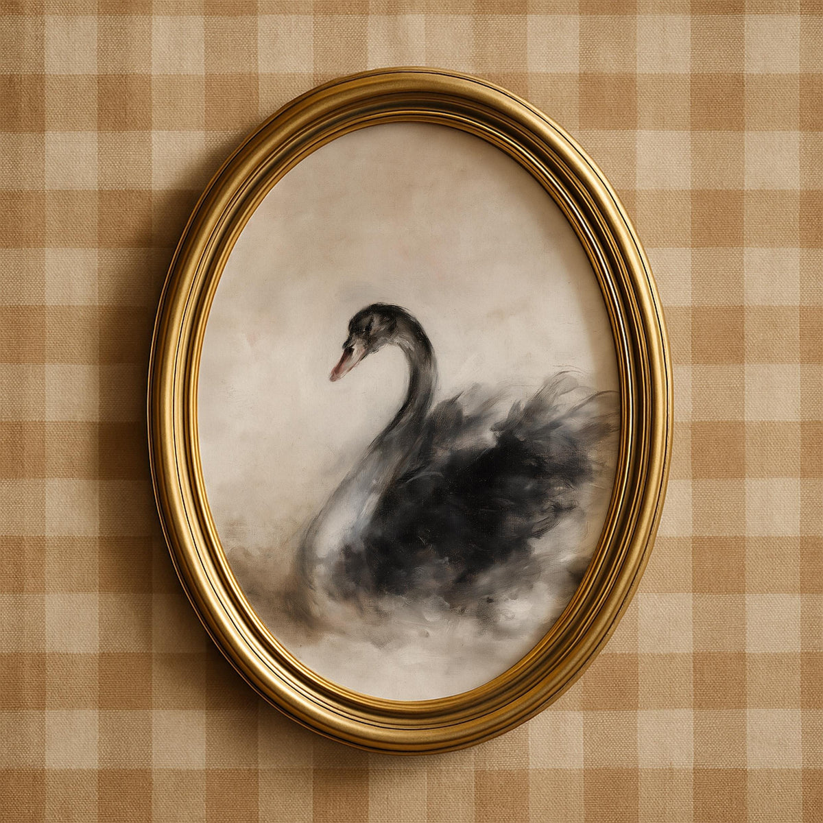 Atmospheric bird artwork for modern farmhouse — dark swan silhouette fading into neutral haze