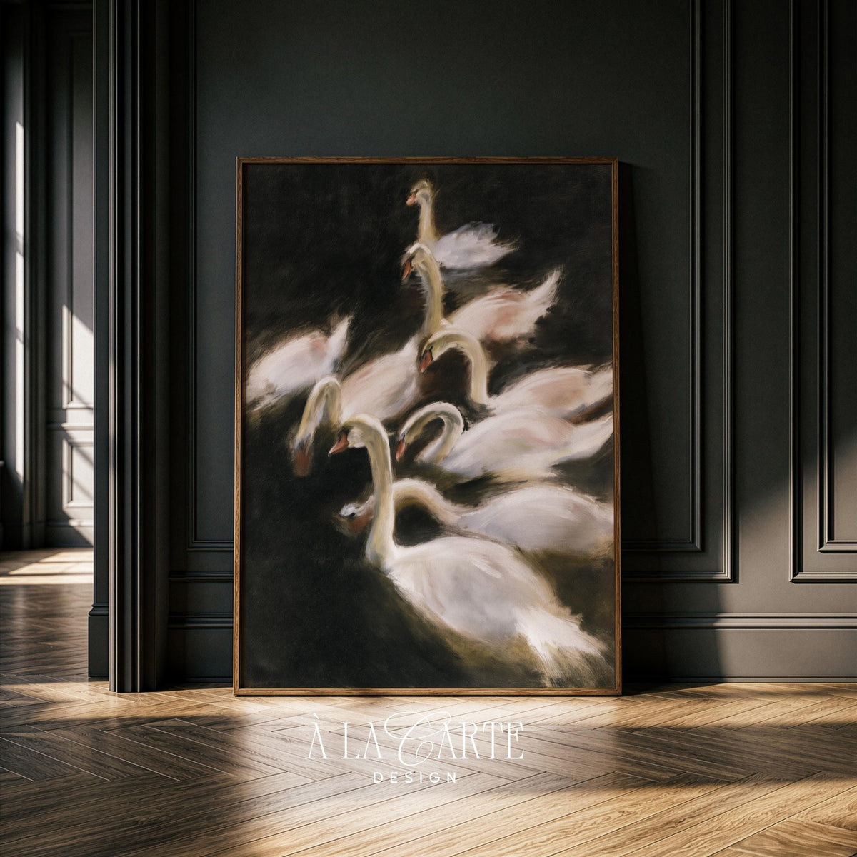 Boho neutral bird wall art — sophisticated dark background with pale feathered subjects and dreamy edges