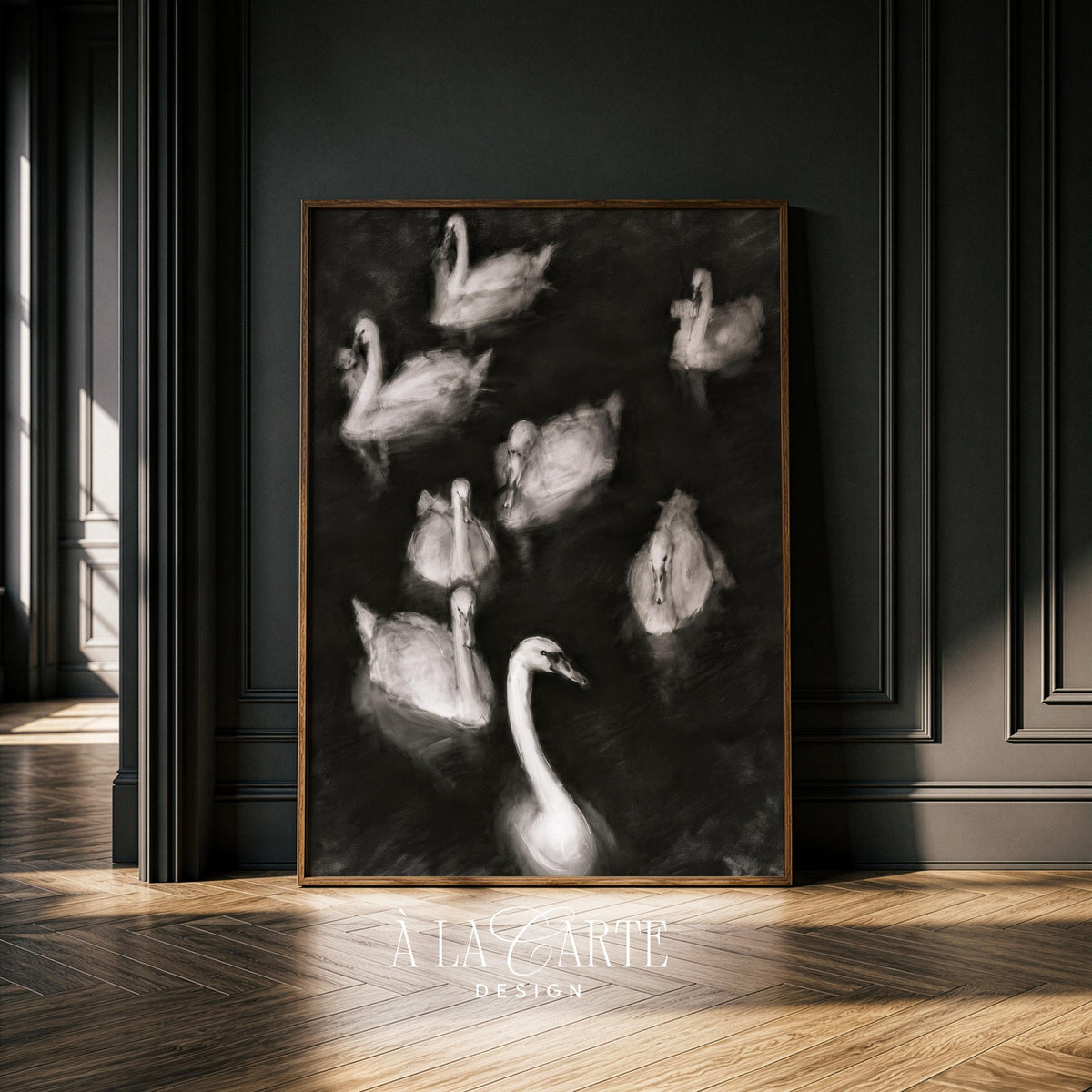 Group of waterfowl printable art for living room — dramatic charcoal tones and vintage aesthetic