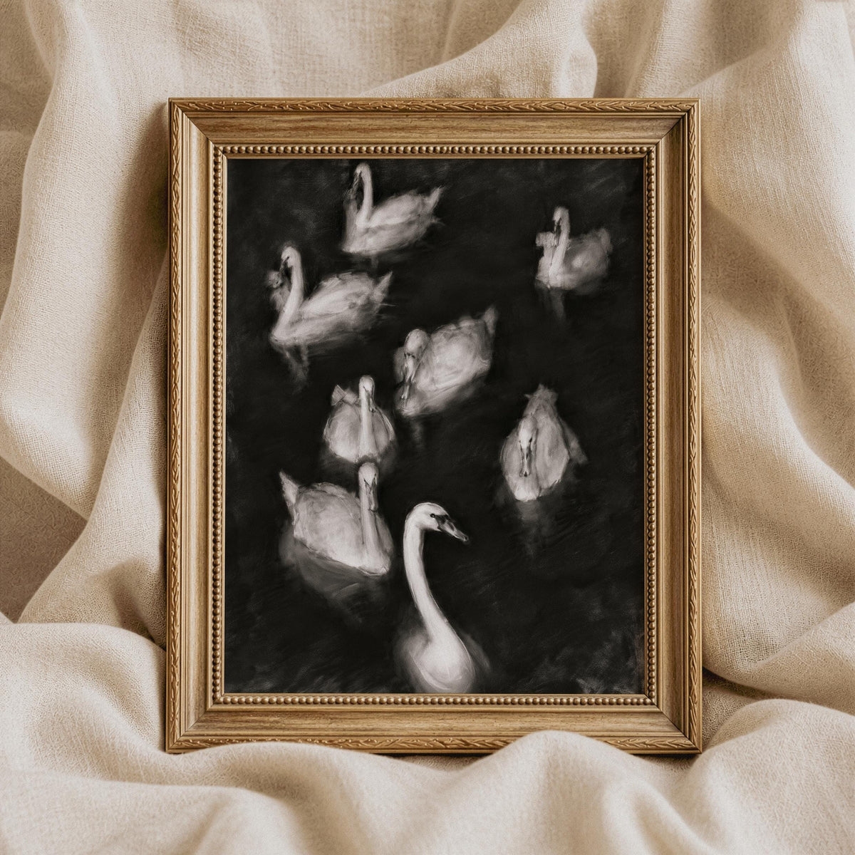 Swan gathering wall art printable — expressive brushwork in muted black and white tones