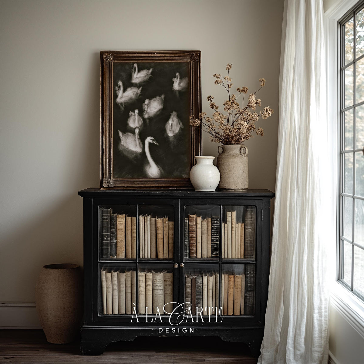 Swans gliding on dark water poster art — moody black and white painting with elegant brushstrokes
