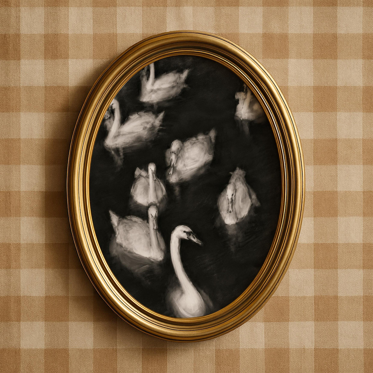 Aquatic birds wall art for bedroom — luminous forms against deep water backdrop