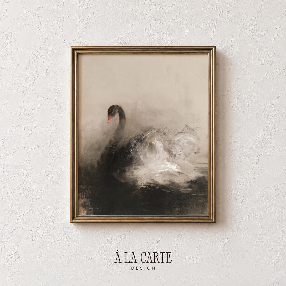 Graceful waterfowl picture for bedroom — textured vintage style with dreamy foggy ambiance and dove-gray palette