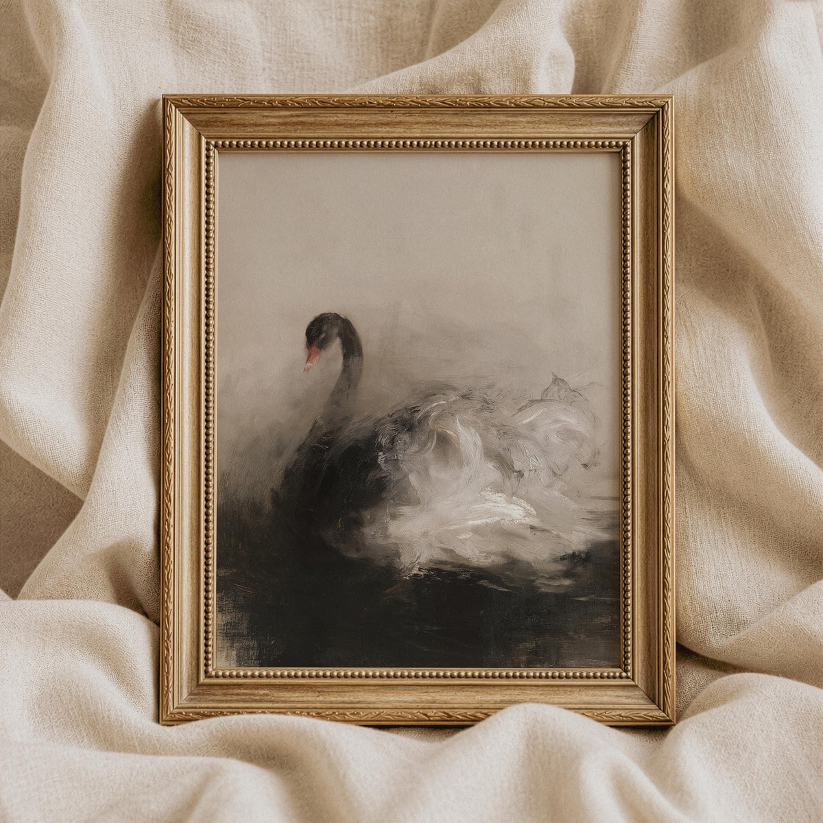 Cottagecore swan printable for bedroom — vintage-inspired waterbird with cream and charcoal tones, soft and serene