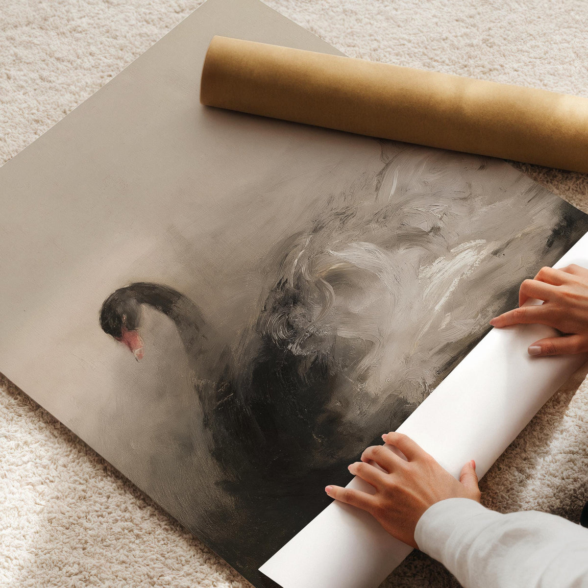 Graceful black avian wall art for gallery wall — vintage brushwork capturing movement through soft water mist