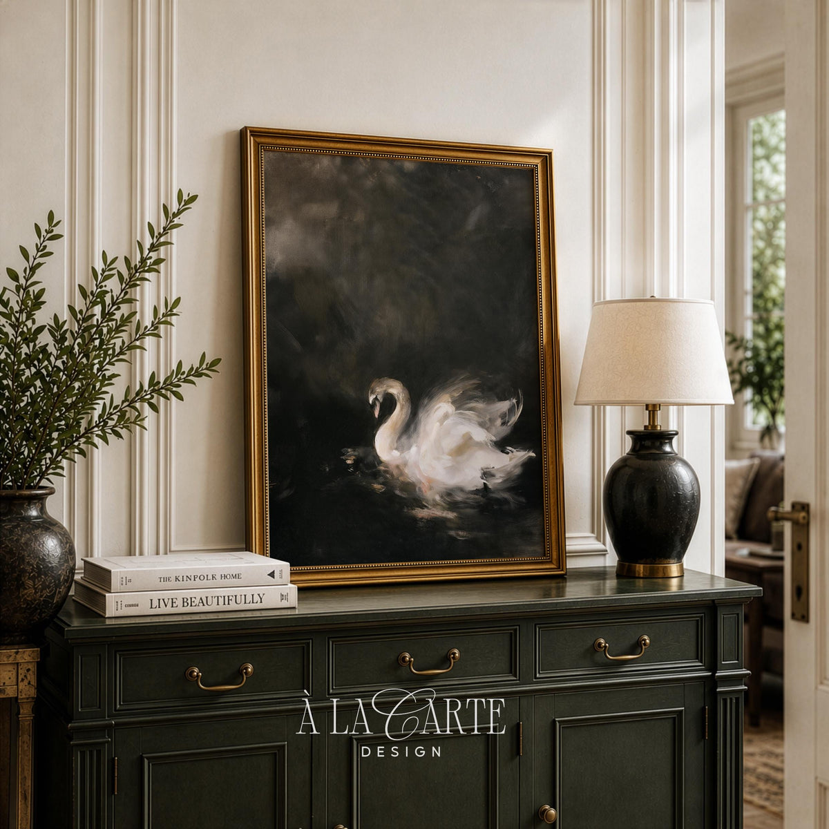 Dark romantic swan artwork instant download — atmospheric vintage waterfowl illustration with shadowy tones