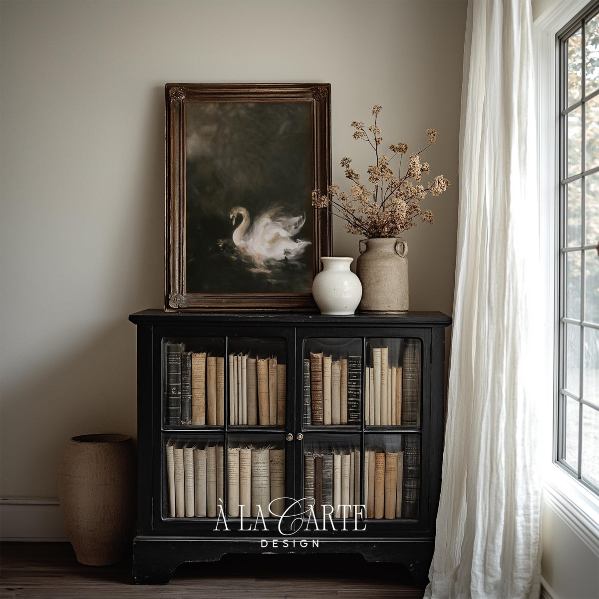 Swan floating on black water wall art for study — brooding nature illustration with soft brushstrokes
