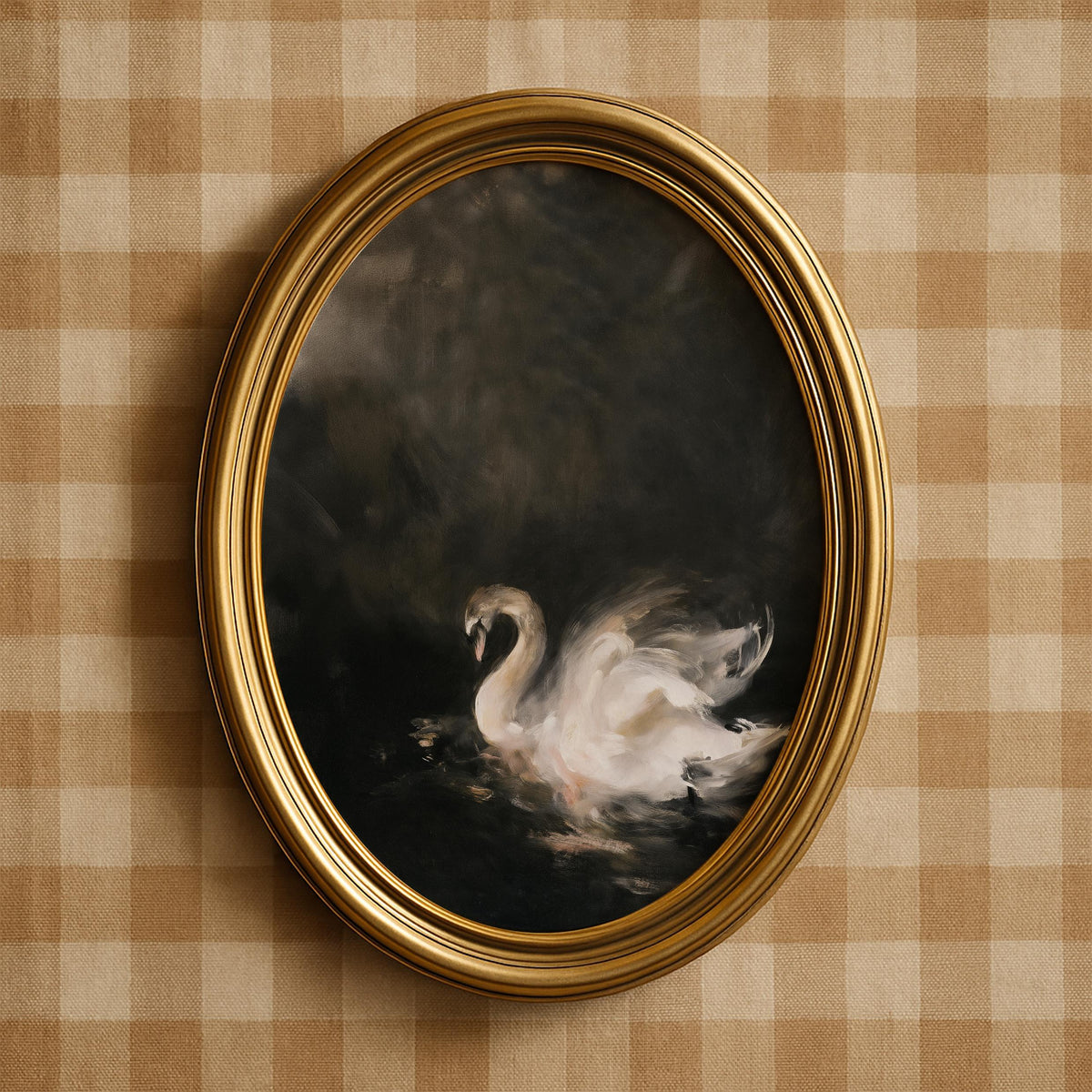 Elegant bird gallery wall print — moody expressionist-style aquatic painting with muted tones