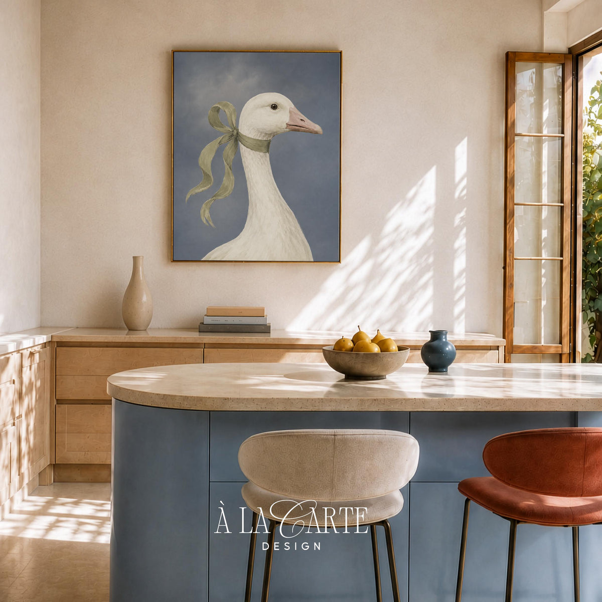 Sophisticated poultry artwork for bedroom — vintage-style feathered subject with olive accent and peaceful moody setting