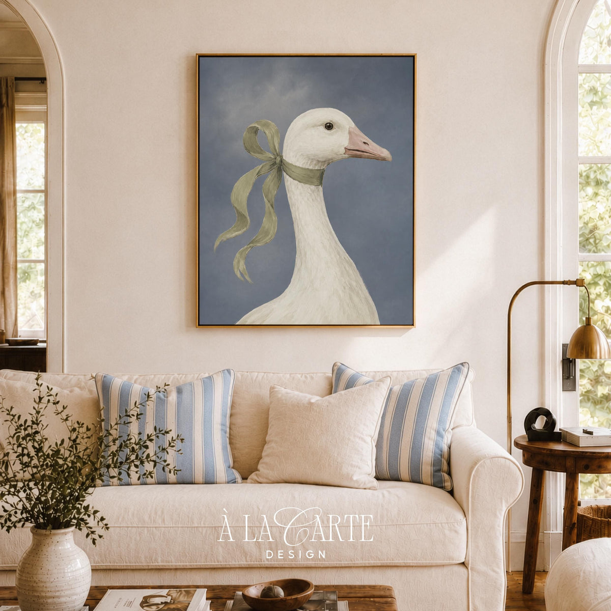 Cottagecore waterfowl portrait poster — refined goose illustration with soft ribbon detail on dreamy atmospheric backdrop