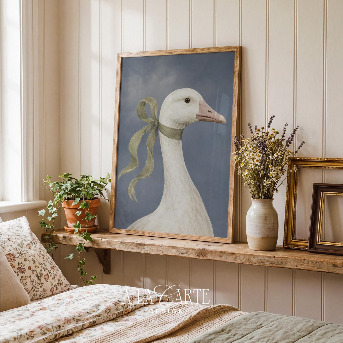White goose portrait printable art for farmhouse — dignified bird with olive ribbon on moody blue-gray background