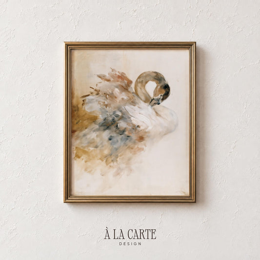 Contemplative swan digital artwork — gallery wall print with vintage watercolor feel