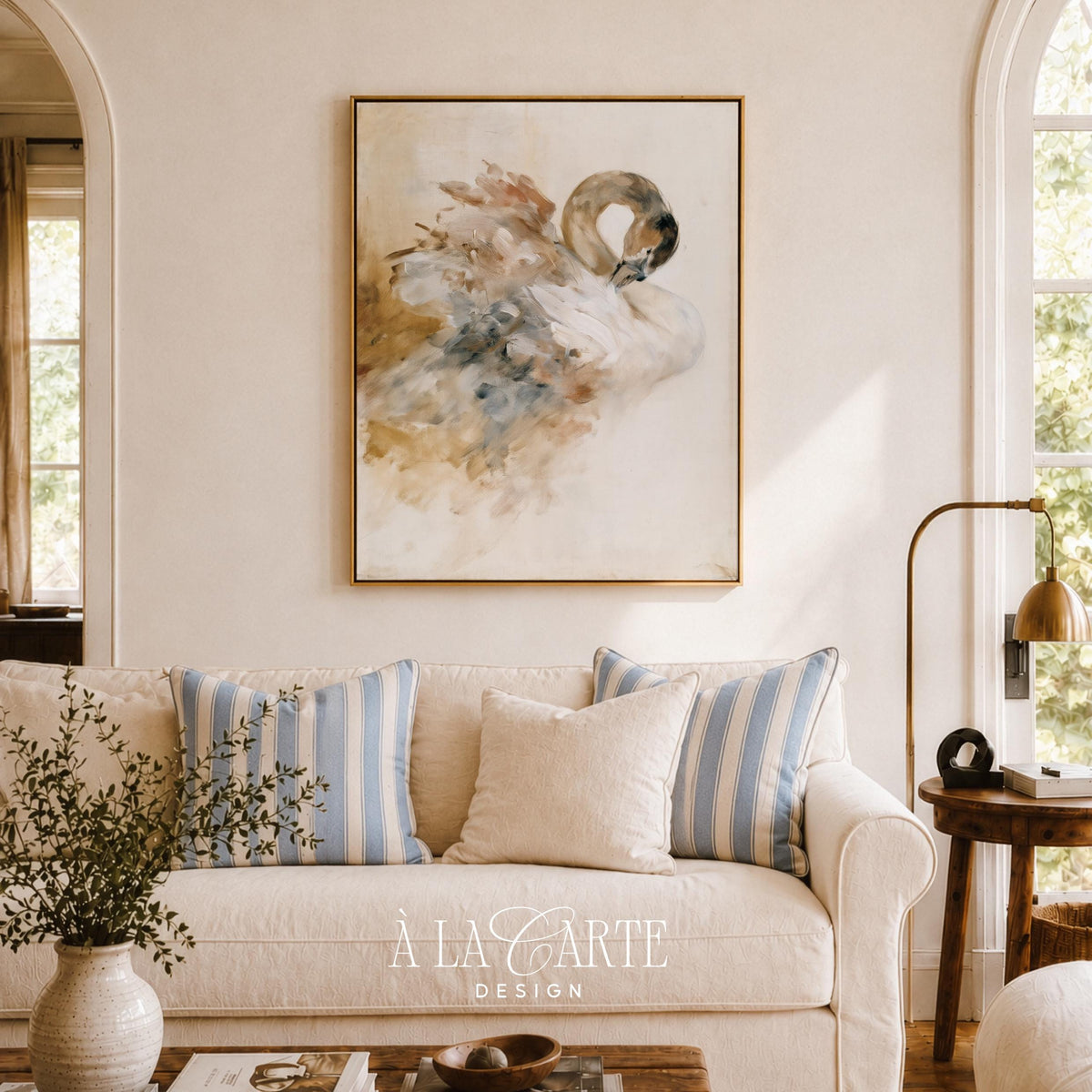 Abstract swan painting printable art for living room — muted gold and taupe watercolor aesthetic