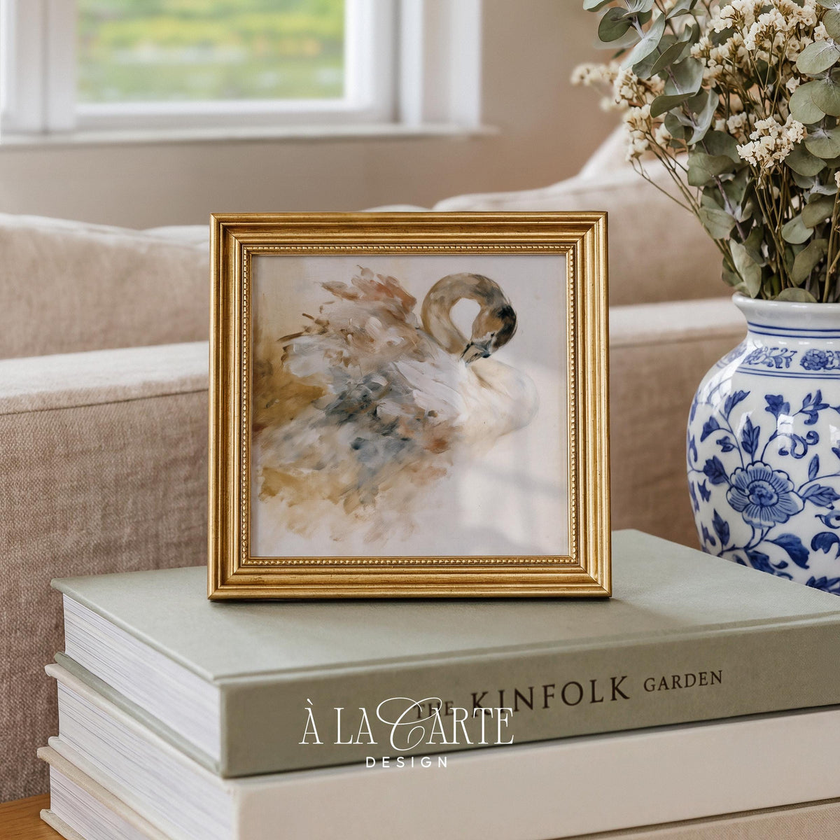 Gentle swan portrait printable poster — bohemian neutral aesthetic with atmospheric brushwork