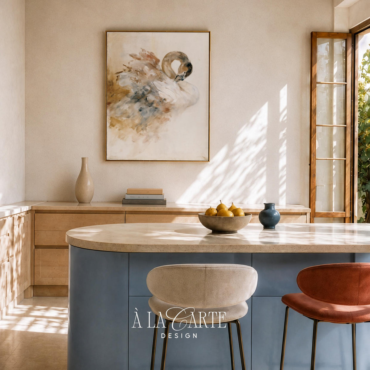 Textured swan artwork for above bed — sophisticated farmhouse aesthetic with painterly strokes
