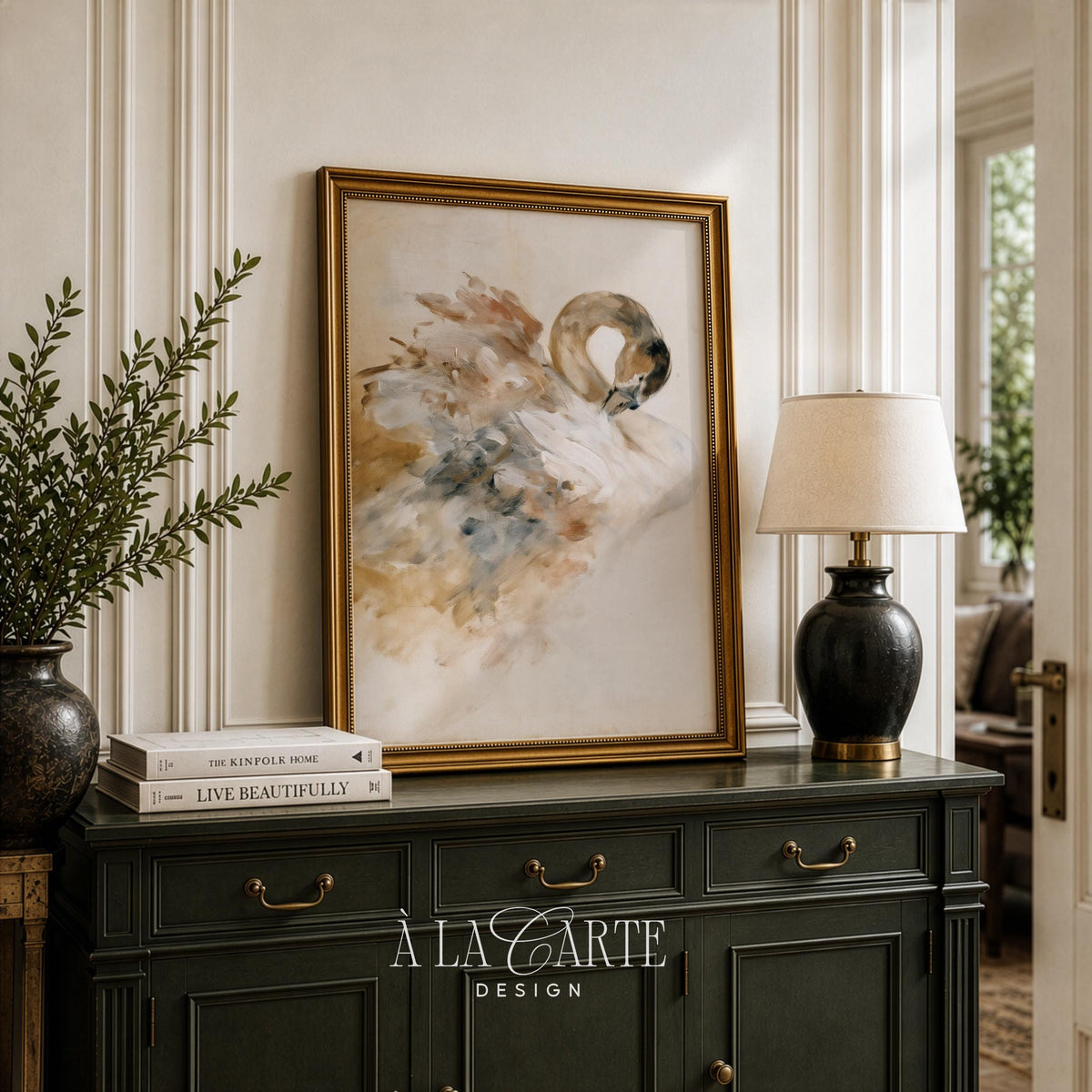 Serene swan painting poster for gallery wall — vintage brushstroke technique with neutral warmth