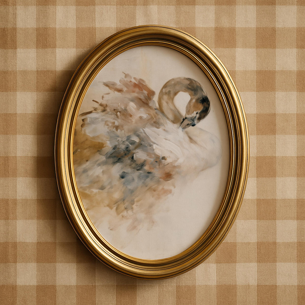 Swan illustration poster for entryway — moody cottagecore design with taupe and gold accents
