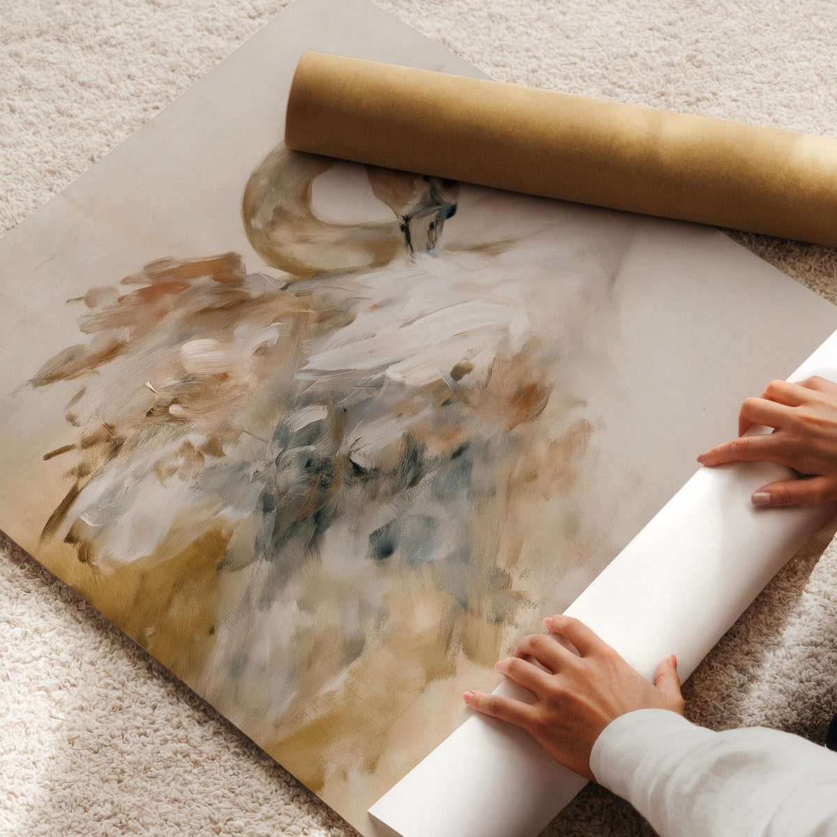 Curved neck swan picture digital print — atmospheric abstract style with warm muted palette