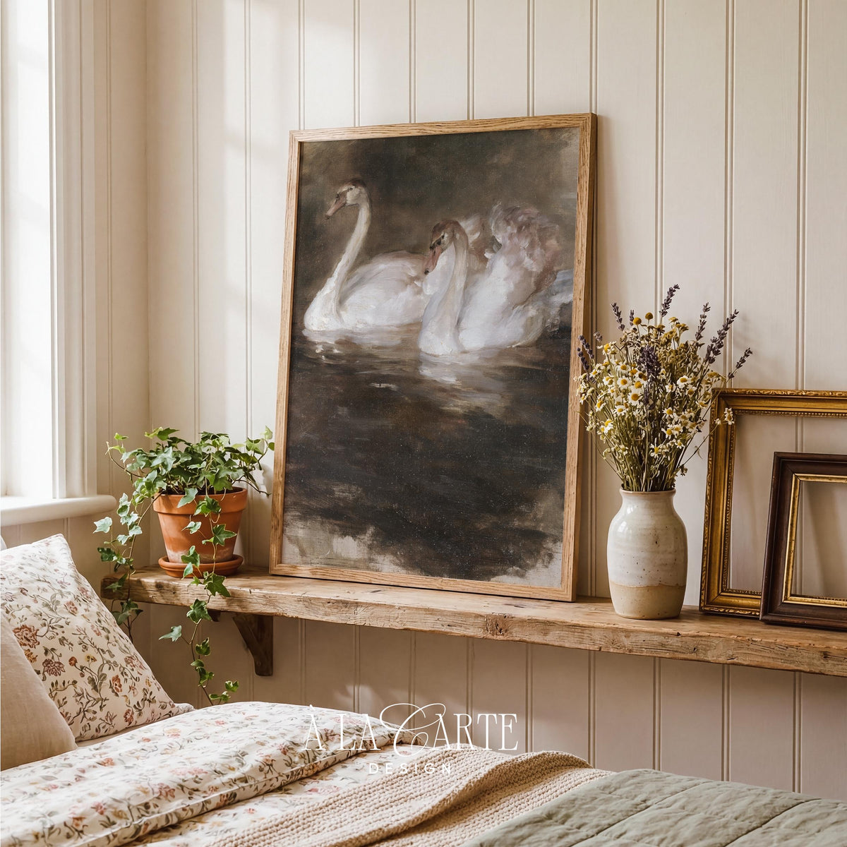 Moody waterfowl picture for above bed placement — antique tonal palette and hazy atmospheric rendering
