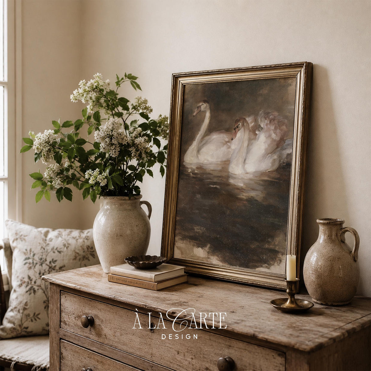 Dark academia swan digital download art — soft brushstrokes capturing graceful water birds in shadow