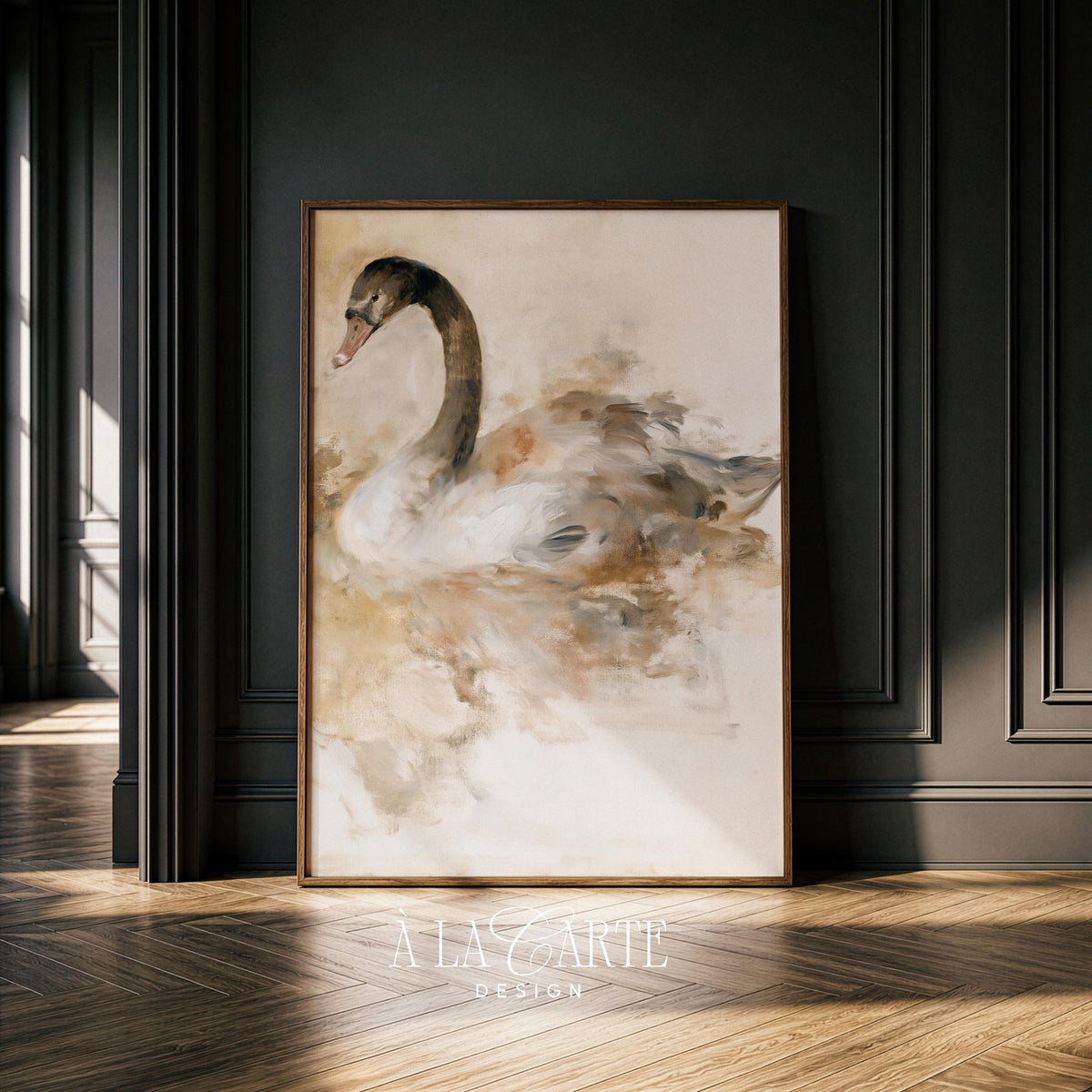 Sophisticated avian poster with vintage hand-painted look and muted taupe tones throughout