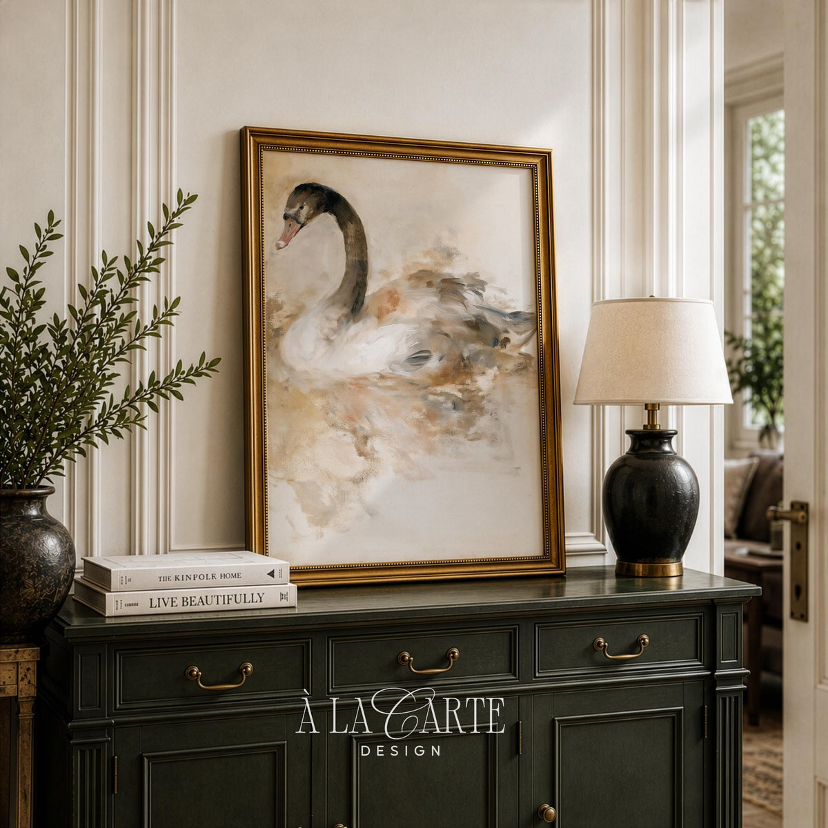 Cottagecore swan artwork with soft blended background and sophisticated quiet elegance