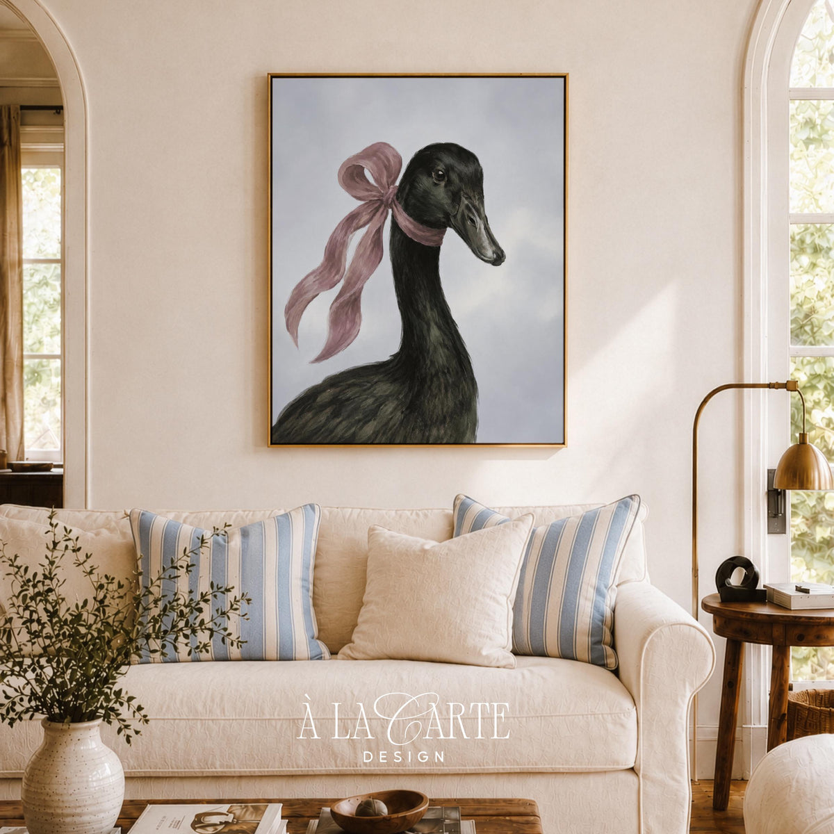 Cayuga duck wall art with soft pink ribbon — farmhouse poster for bedroom featuring muted gray-blue sky