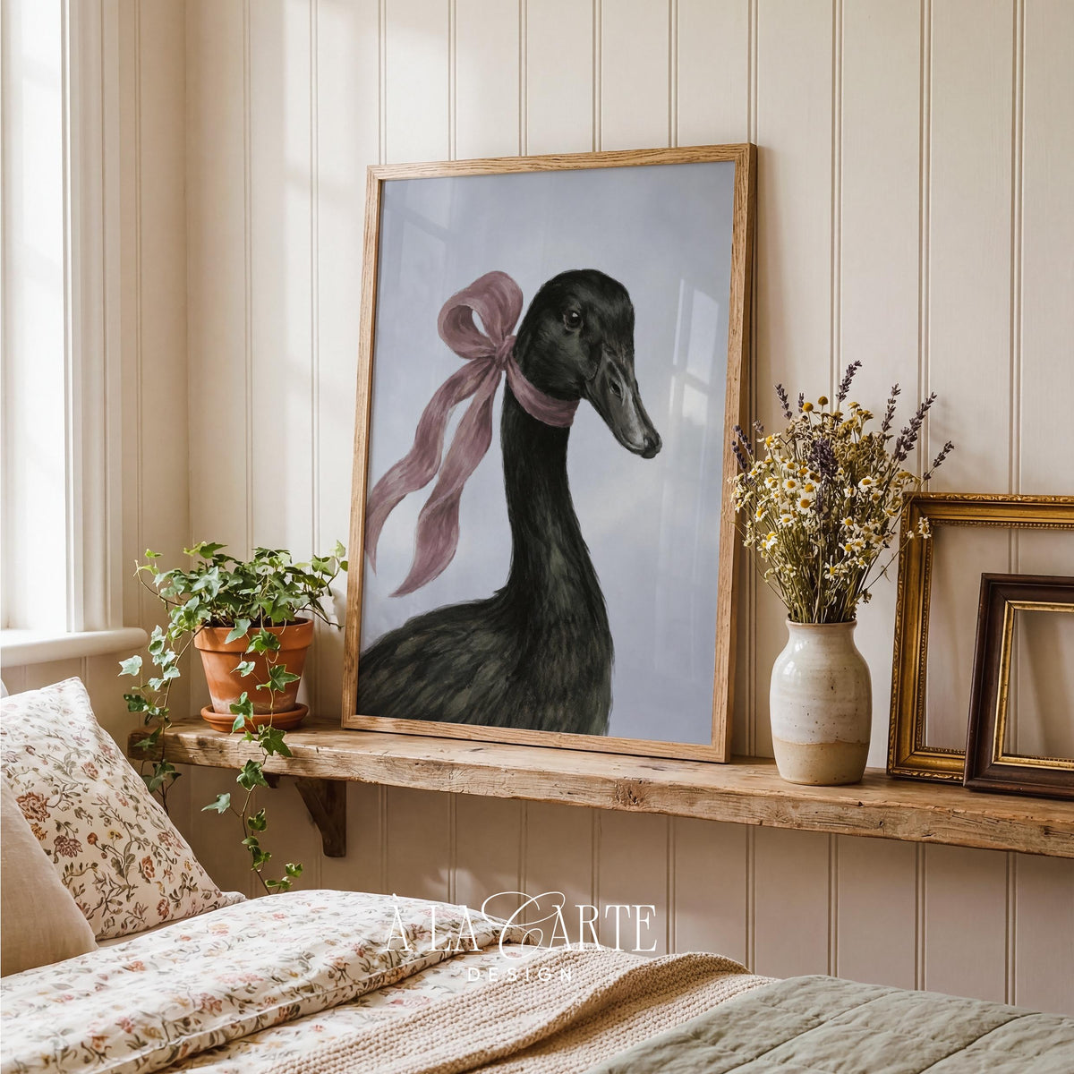 Black duck with pink bow poster for farmhouse — detailed wildlife artwork with classic portrait composition