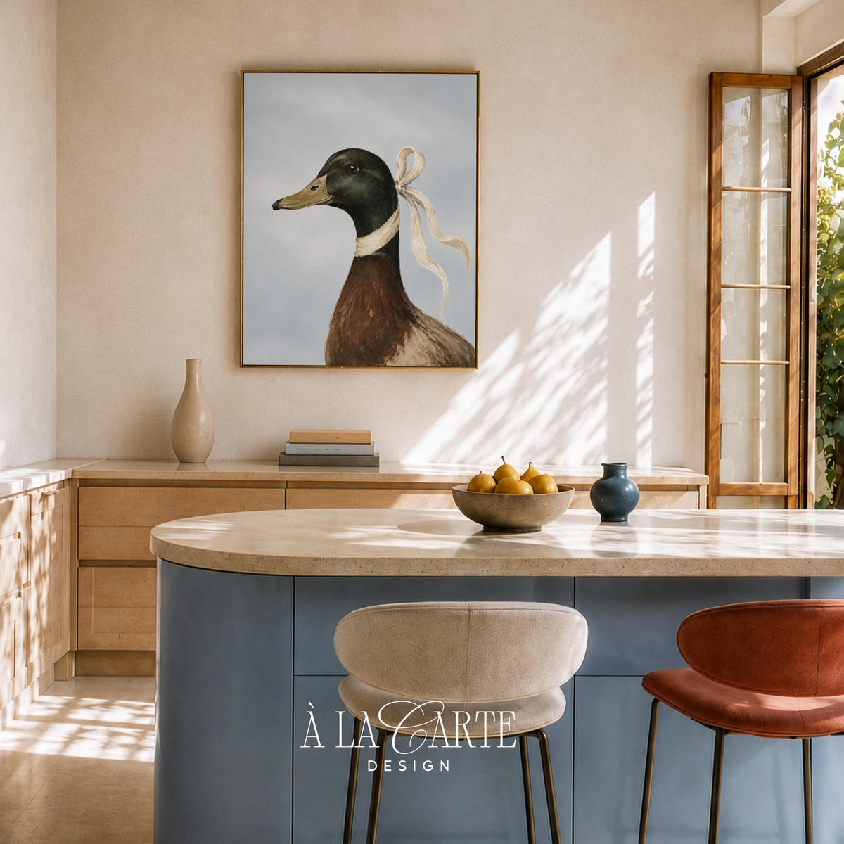 Duck with bow tie digital print for gallery wall — grandmillennial aesthetic in calming sage blue