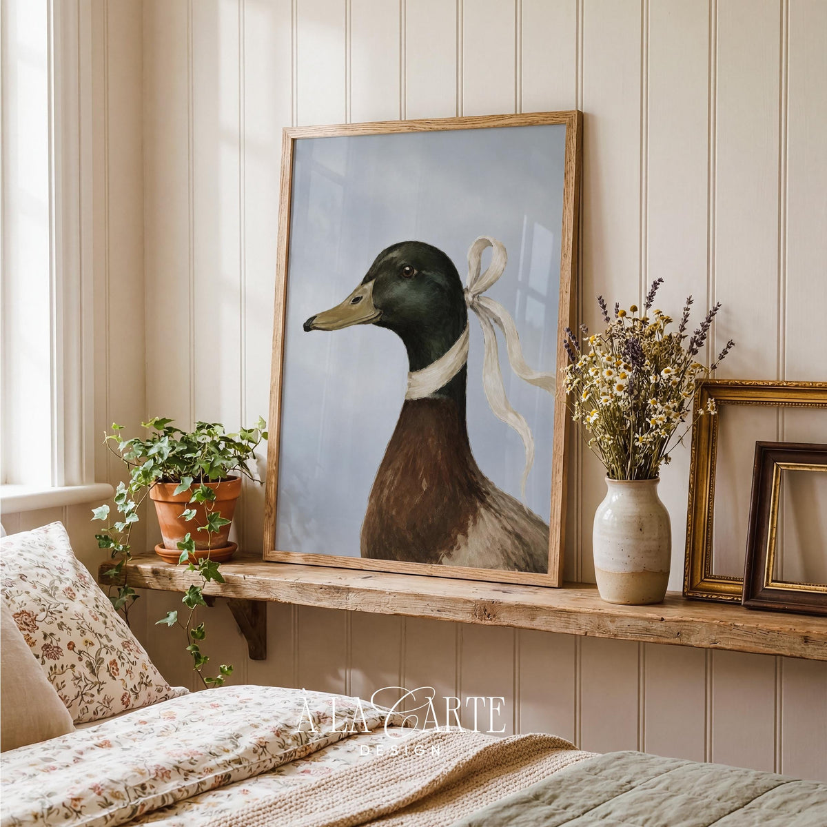 Traditional duck portrait wall art for study — vintage-inspired wildlife with creamy bow and green head