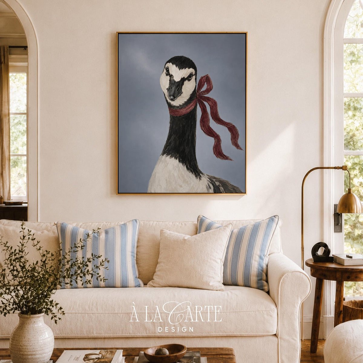 Vintage goose painting wall decor for living room — detailed animal portraiture with sophisticated navy blue backdrop