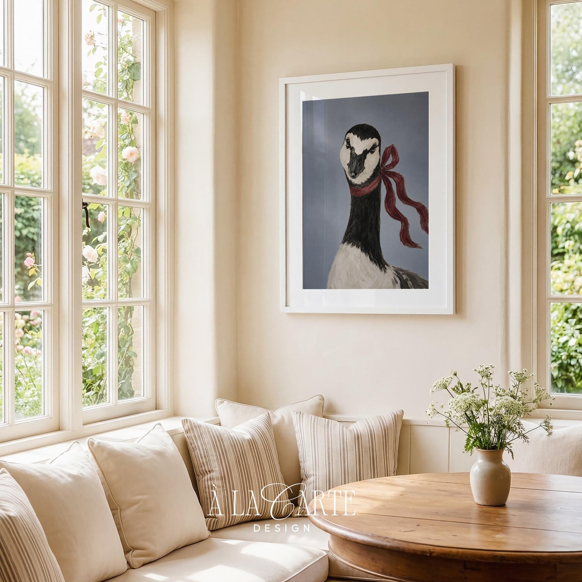 Elegant waterfowl digital print wall art for bedroom — black and white goose with bow tie and stormy aesthetic