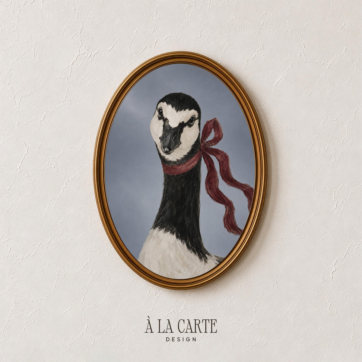 Classic bird portrait poster for gallery wall — distinguished goose artwork with deep burgundy accent and dark tones