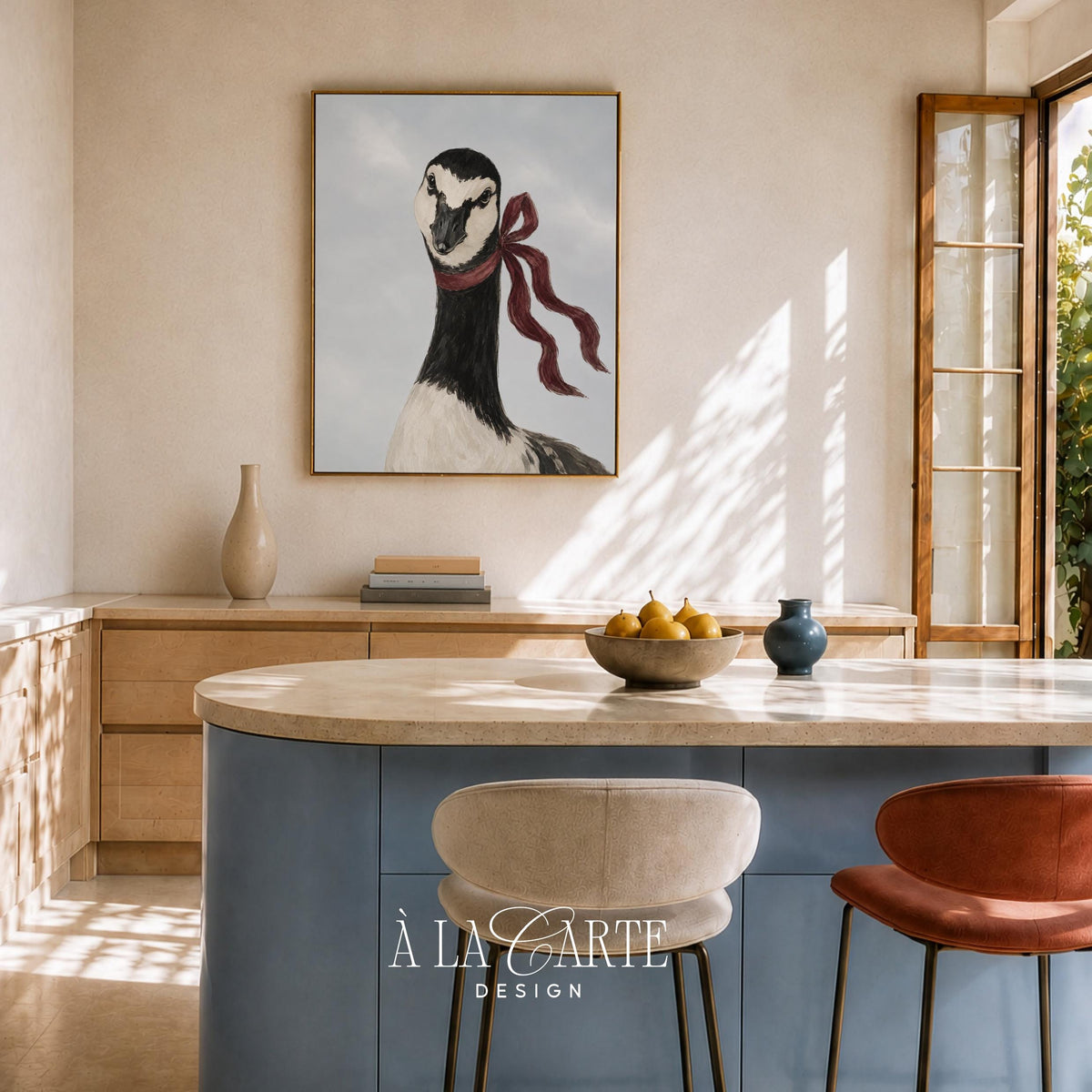 Timeless poultry wall print for office — elegant bird portrait with burgundy ribbon, soft sky, and refined vintage aesthetic
