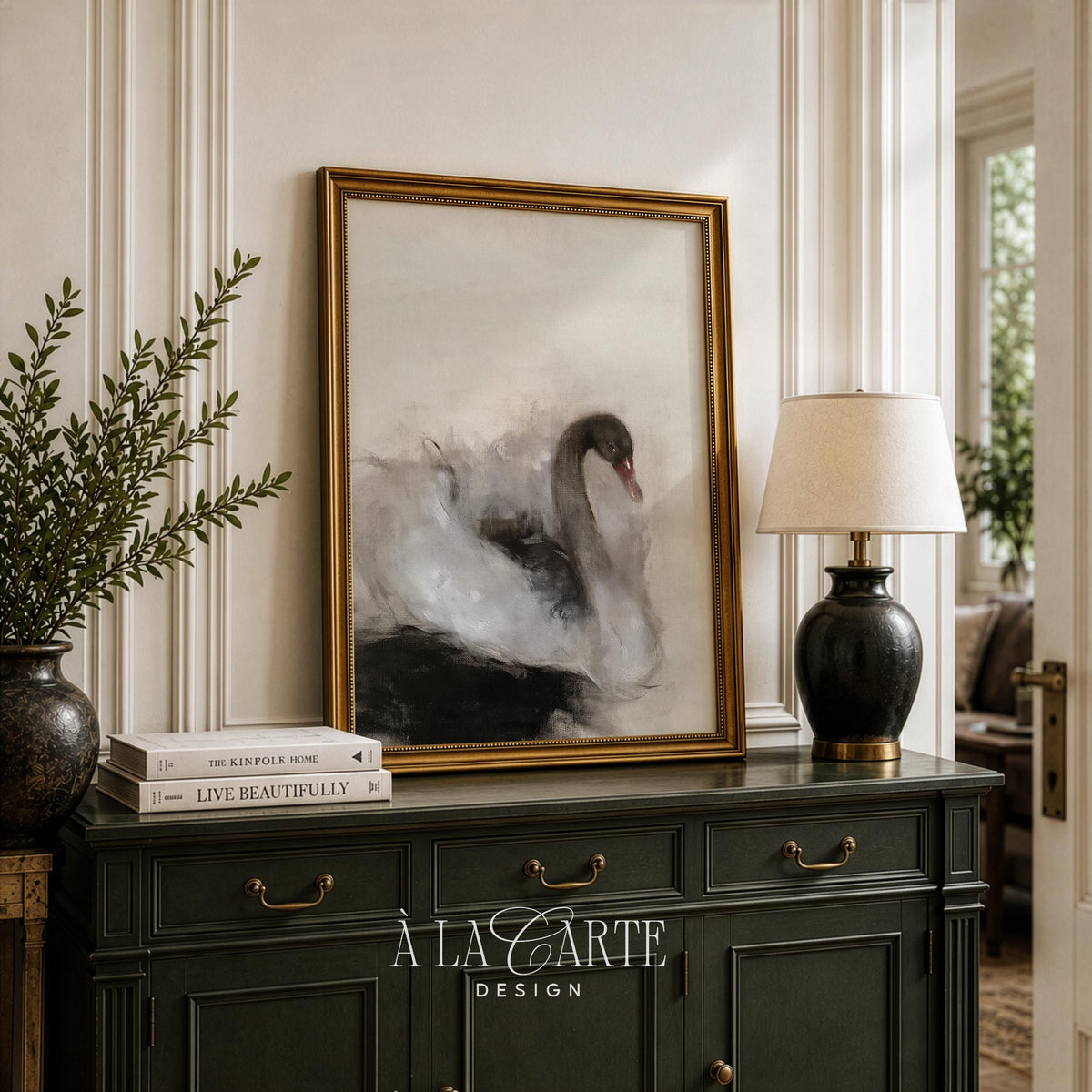 Moody swan printable picture for above bed — loose textured brushstrokes with calming sophistication