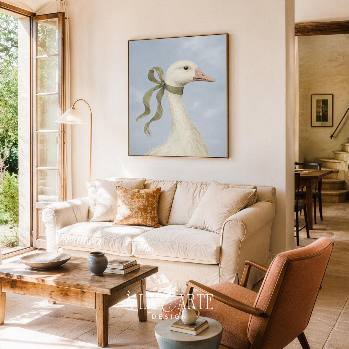 Elegant bird artwork instant download — charming goose painting with cottagecore aesthetic and cloudy blue-gray backdrop