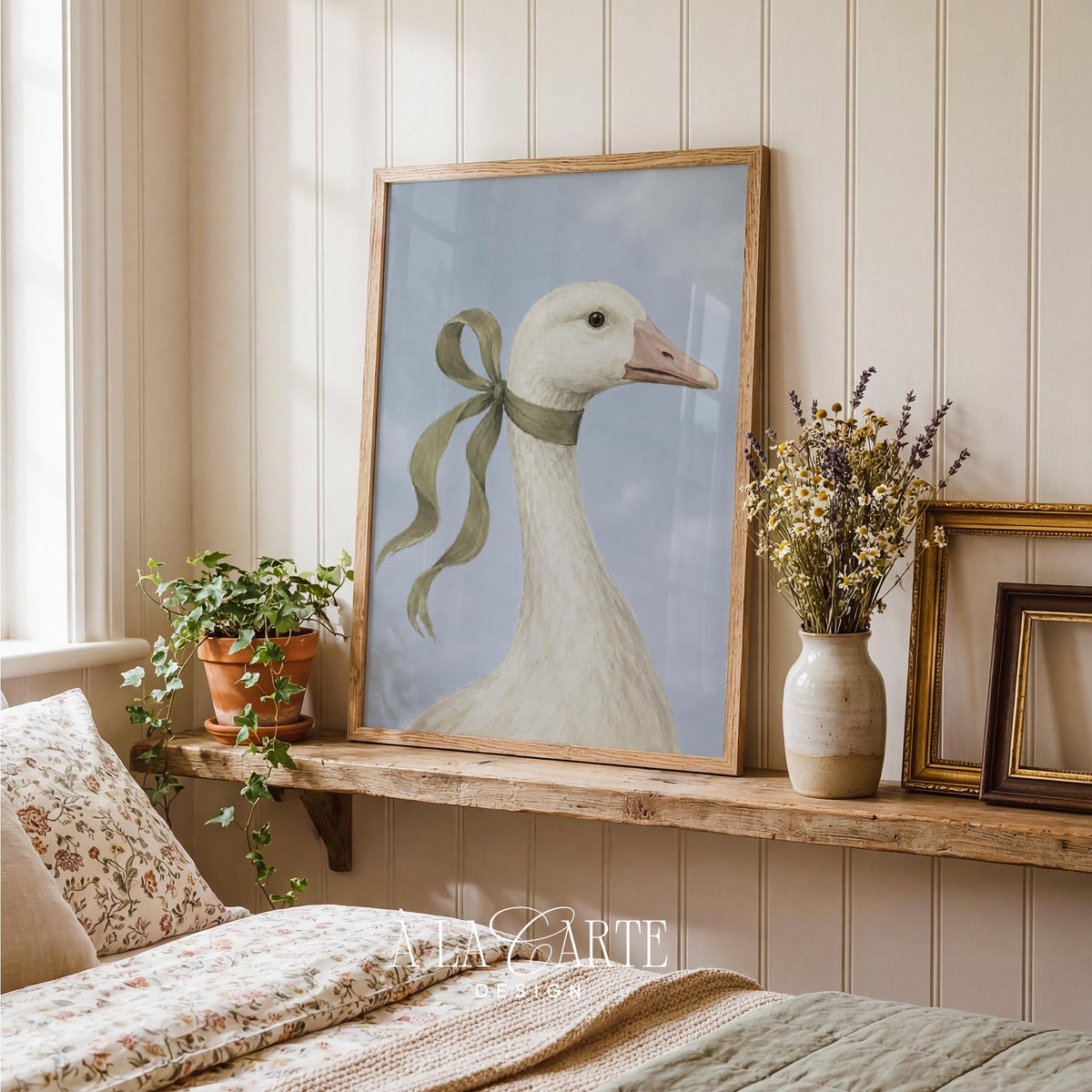 Cottagecore goose picture printable — soft pastoral animal portrait with elegant ribbon and muted color palette