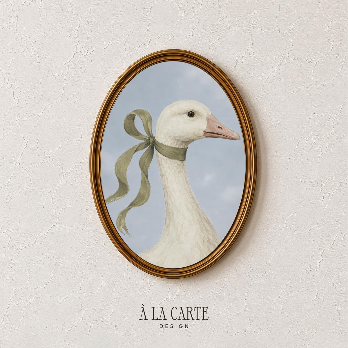 Farmhouse animal wall art for bedroom — classic goose portrait featuring delicate ribbon bow and painterly brushwork