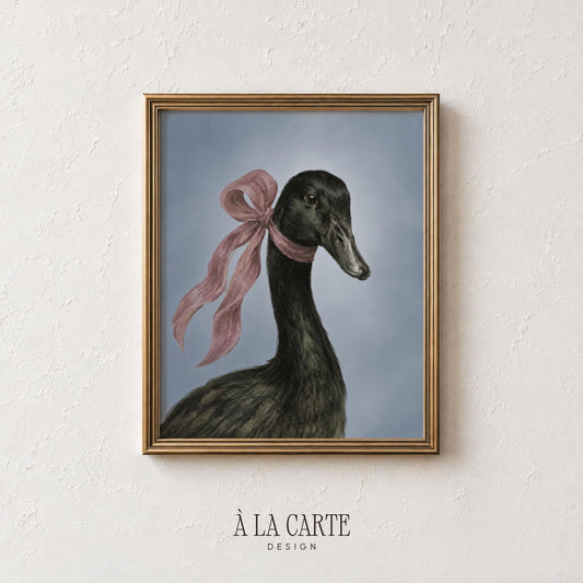 Black bird digital wall art printable — sophisticated duck composition with ribbon detail and timeless farmhouse appeal